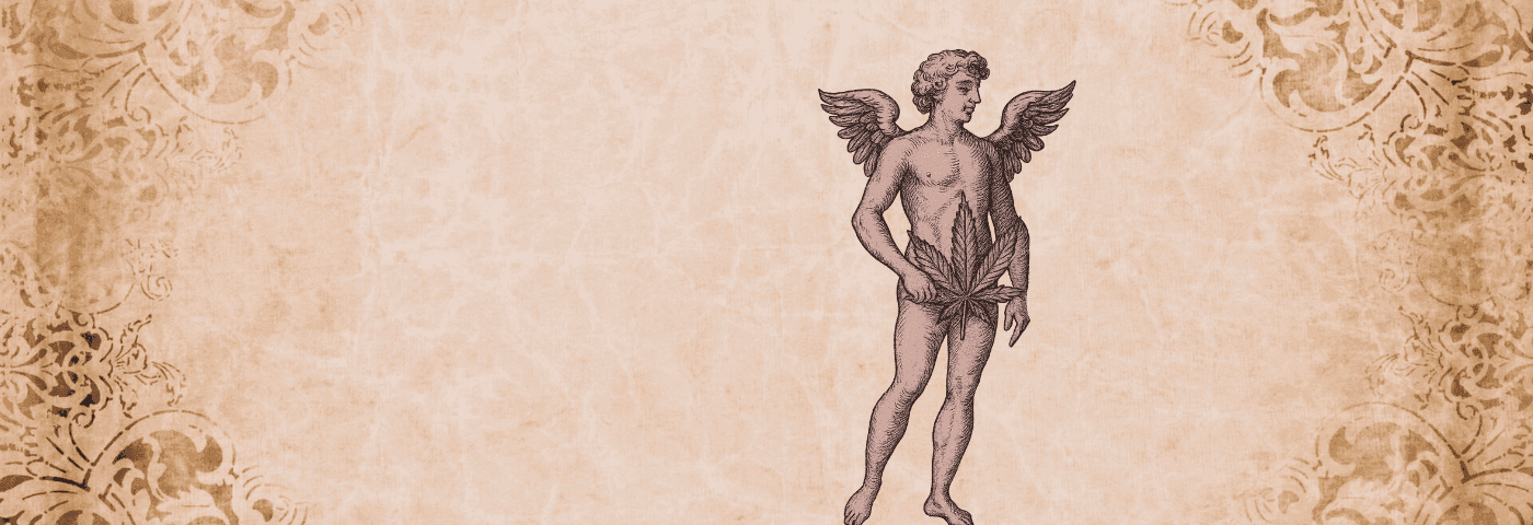 Adam mit Cannabis Blatt in der Hand auf antikem Hintergrund